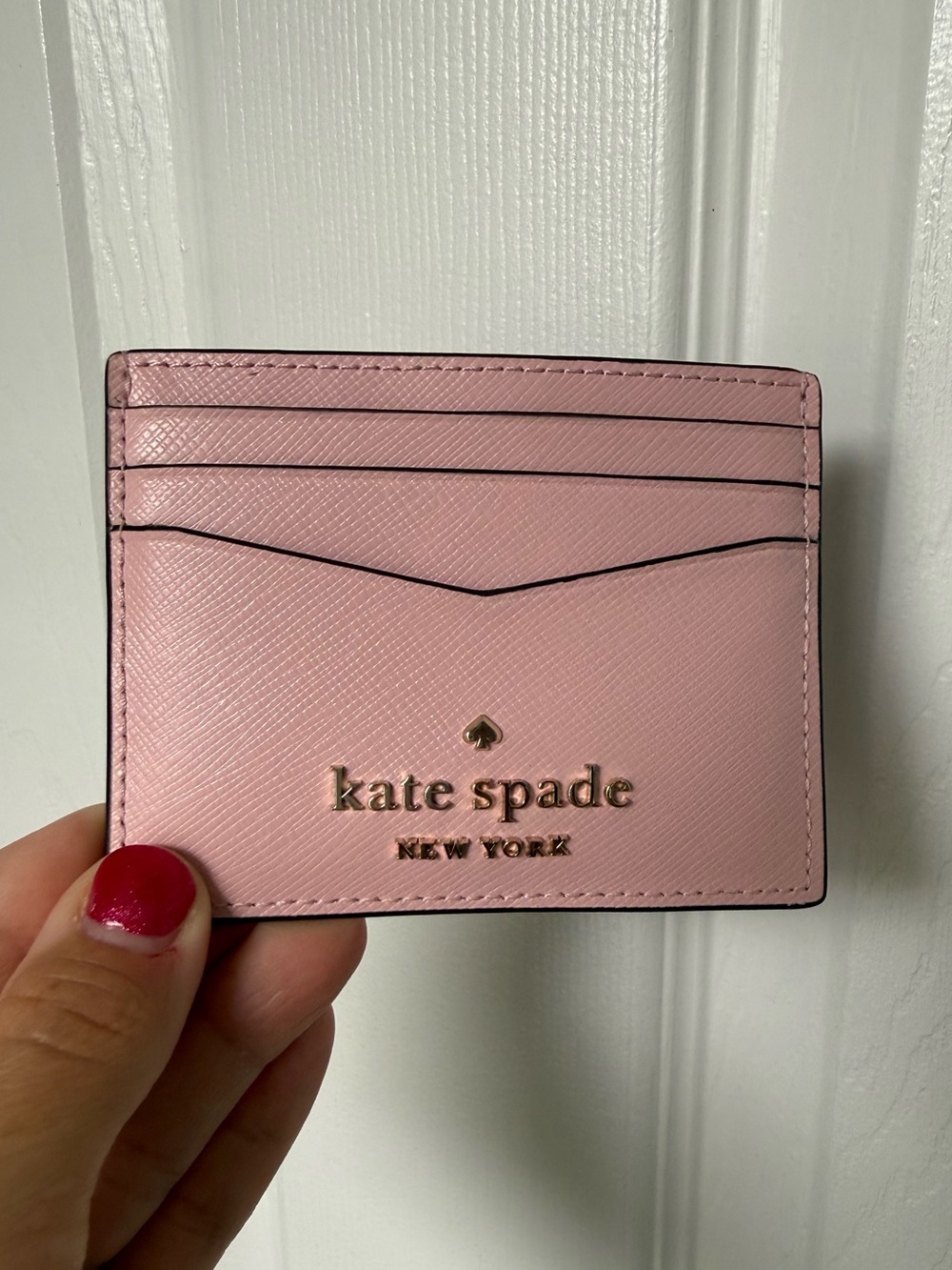 kate spade Blush Pink Saffiano Leather Card Holder with Gold Logo